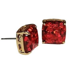 Kate Spade Red Glitter Garnet Goldtone Square Stud Pierced Earrings Holiday Xmas
